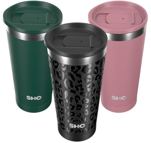 SHO Calix Insulated Stainless Steel Coffee Cup (Black Leopard, 500ml) | 2 Lids - Slider & Straw, Splash-Proof, 6H Hot, 12H Cold, Tumbler, BPA-Free