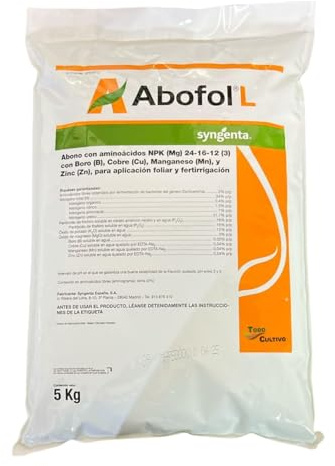 Abono foliar con aminoacidos NPK 24-16-12 5kg con boro, cobre, manganeso y zinc, foliar y fertirigacion. ABOFOL SYNGENTA.