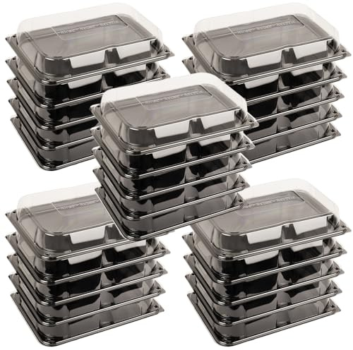 delisupplies 25 x Ultimate Medium Sandwich Platter with Lid, Unique Press Stud Secure Closing, Rectangle Food, Cake, Tray Set Black Base Clear Lid Serving Platters for Buffet, Catering, 350 x 250mm