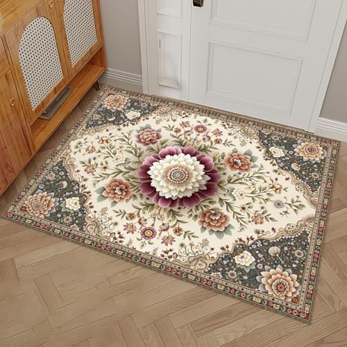 Alfombra Antideslizante Estilo Persa clásico – Alfombras Patrones geométricos Florales Lavable de Pelo Corto, Suave y Duradera – Ideal como Caminero Decorativo y Alfombra Moderna para el Hogar Beige