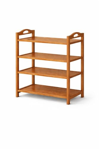 PWRco 4 Tier Bamboo Shelf 70cm Wide Multi-Purpose Utility Room Closet Kitchen Pantry Storage Rack 68cm Tall 25cm Deep Freestanding Organiser Canned Goods Towels Cleaning Supplies Shoes Easy Assembly