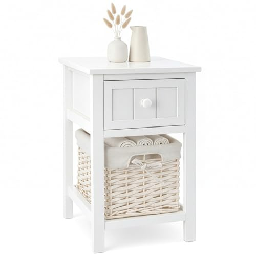 GREENSAPPIRE 1 PCS White Bedside Table with Drawer & Wicker Basket White
