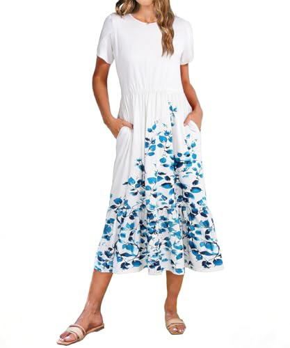 ROFUSSO Abito Estivo da Donna in Stile Boho con Stampa Floreale e Maniche Corte Abito Casual da Spiaggia Midi con Scollo Rotondo e Tasche(Bianco,S)