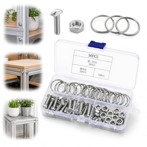 JOVYTH Tornillos Cabeza Martillo M6 x 20 30 Piezas con 30 Tuercas M6 304, 30 Anillos de Acero Inoxidable y Caja de 10 Compartimentos, para Hogar, Oficina, Taller, Mantenimiento y Uso Diario