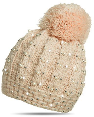 Caspar MU106 Damen Winter Mütze Bommelmütze mit Perlen und Glitzer Strass