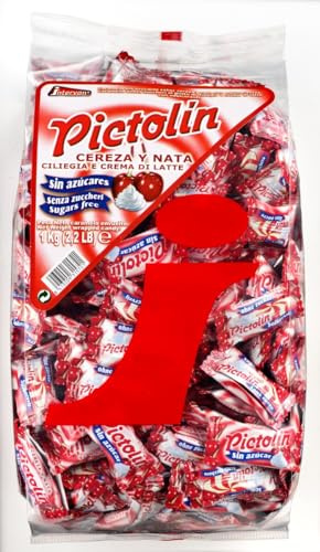 Pictolín cereza y nata sin azúcar - Caramelos sin azúcares de nata con sabor a cereza con edulcorantes - Bolsa de 1kg