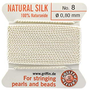 100 % natürliche Seidenschnur von Griffin, Faden, Garn zum Auffädeln von Perlen, weiß, 2 m, in 13 Längen erhältlich, weiß, 0.80mm