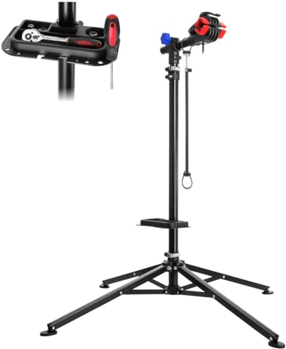 tectake® Bike Repair Stand, Height-Adjustable 117-200 cm, 360° Rotatable | 85 x 85 x 200 cm, Bike Assembly Stand, Fits Standard Frame Sizes 25-40 mm, Steel Frame, 25 kg Load, Incl. Tool Tray, Black