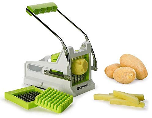 SILVANO Tagliapatate Meccanico - Leva Facile da Usare - Include 2 Lame di Diverso Spessore - Prepara Patatine Fritte Fatte in casa - Colore Bianco e Verde
