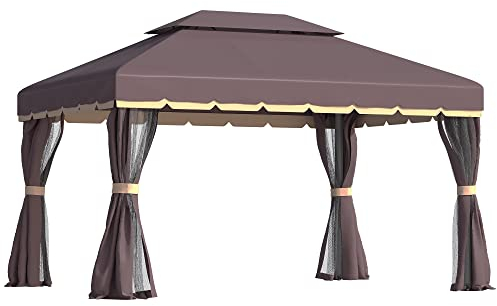 Outsunny Gazebo da Giardino 3.9x2.9m in Alluminio con Tetto Doppio, Zanzariera e Teli Laterali, Colore Caffè