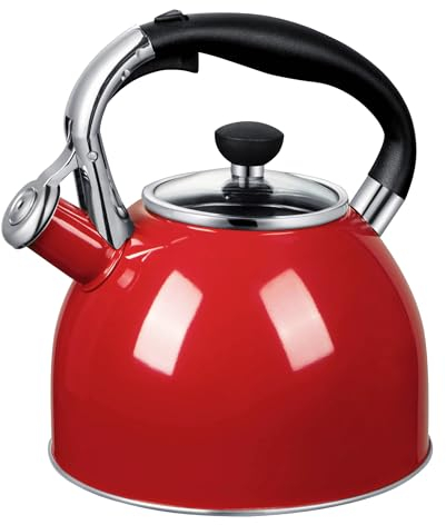 Rorence Whistling Tea Kettle: 2.5 Quart Stainless Steel Kettle for Stove Top with Capsule Bottom & Heat-resistant Glass Lid (Red)