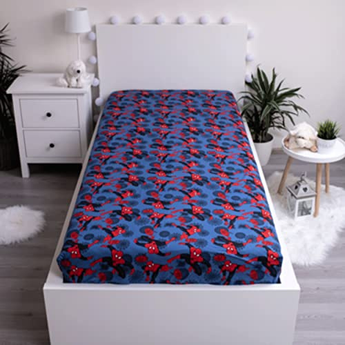 Jerry Fabrics F - Drap Housse - Spider Man - Bleu - 1 Piece - Enfant - 1 Personne - Coins Elastiques - 90 x 200 cm - 100% Coton - Idée Cadeau