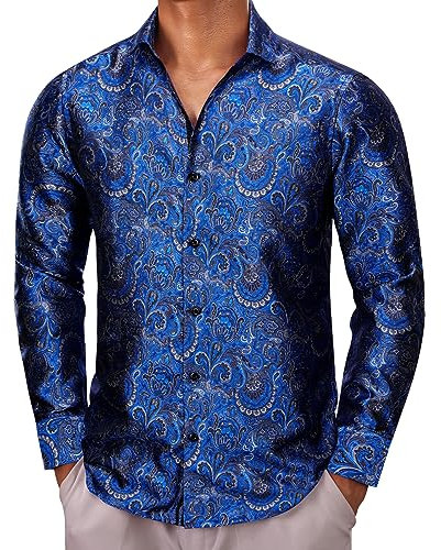 Barry.Wang Men Dress Shirts Paisley Silk Long Sleeve Button Big and Tall Down Shirt Fashion Leisure Wedding Party Prom Blue S-3XL