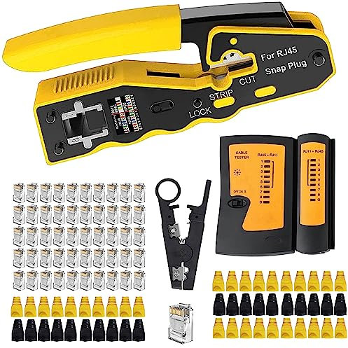 MAYLINE Cirmpatura Kit Strumenti RJ45/RJ12 CAT5 di Rete e Cavi Pinza Crimpatrice CAT6 Strumenti Manutenzione Network Spelafili Cavo Rete e Cacciavite Piatto, Kit LAN Tester del (Rosso)