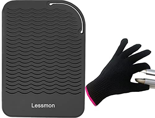 Reiseunterlage für Glätteisen, Gegenschutz für Lockenstäbe mit hitzebeständigem Handschuh für Lockenstäbe, Haarglätter, Glätteisen und Haarstyling-Werkzeuge, 22,9 x 16,5 cm, Schwarz von Lessmon