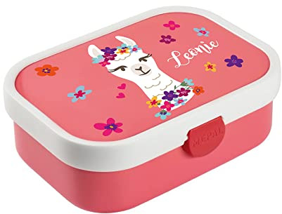 4youDesign rosa Brotdose mit Fächern -Blumen-Alpaka- personalisiert mit Namen I Campus mit Bento-Box und Gabel I für Jungen & Mädchen