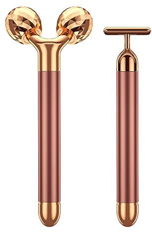 2-IN-1 Beauty Bar 24k Golden Pulse Facial Face Massager, Electric 3D Roller and T Shape Arm Eye Nose Head Massager Facial Roller Massager Kit Skin Care Tools