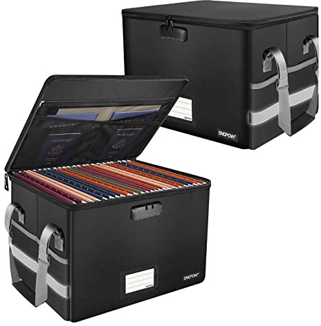 ENGPOW File Box with Lock, Fireproof Document Box with Pockets, Collapsible File Organizer Filing Storage Cabinet with Handle, Portable Home Office Safe for Hanging Letter/Legal Folders,Black,2 Pack