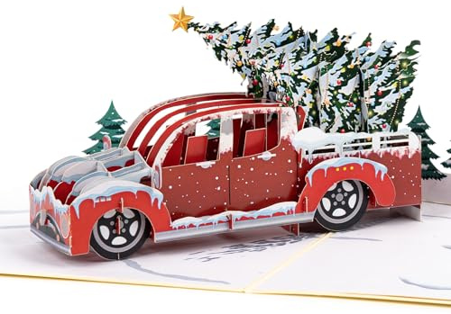 LIMAH® Pop-Up 3D Weihnachten- Weihnachtskarte mit einem Auto und Weihnachtsbaum– passend zum Gutschein oder Geldgeschenk – für Frau und Mann- Weihnachtstruck