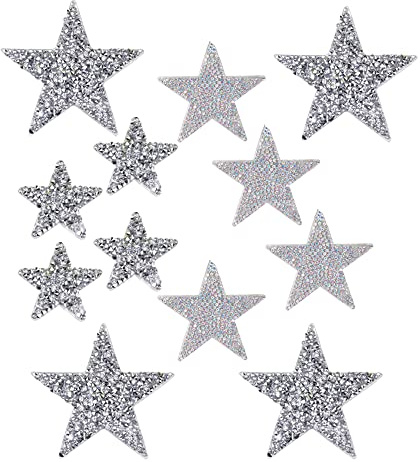 Niaciswe 12 Stück Aufbügel-Strass-Stoffflicken Strass-Stern-Applikation 3 Größen Glitzer-Kristall-Patches Aufkleber für Performance-Kostüme Hüte Jeans Schuhe Taschen Hosen DIY