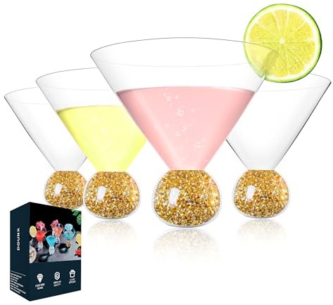 Dounx Stemless Martini Glasses Set of 4, Bling Cocktail Glasses with Sparkle Ball Base, Fancy Ultra-thin Margarita Glassware, Hand Blown Crystal Cup for Parties, Birthdays, Gift, Bar, Dessert (Gold)