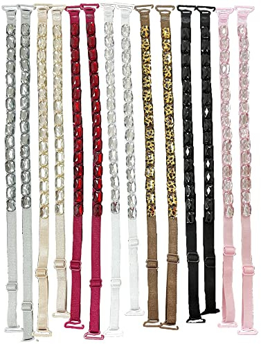 Lot de 7 paires de bretelles de soutien-gorge brillantes avec strass invisibles et élastiques réglables et amovibles pour soutien-gorge, jupe, hauts, robe, Gris, rose, noir, rouge, taille réglable