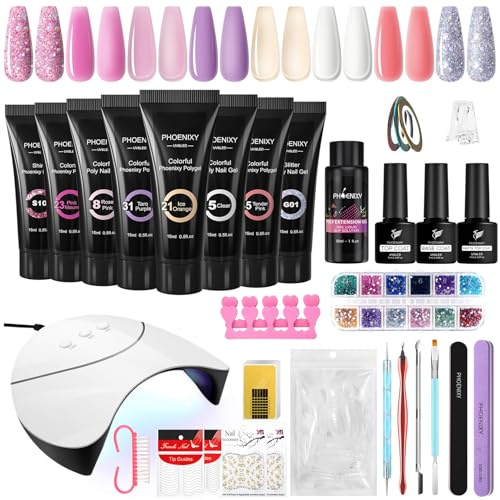 Kit Gel de Uñas, Phoenixy 8 Colores Poly Uñas Gel de 15 ml con Lámpara de 36W, Kit de Uñas de Extensión Poly Regalo Profesional de Arte de Uñas en Casa para Mujeres