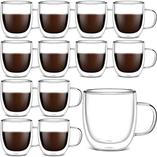 12 Pack Glass Coffee Mugs with Handle 10 oz Double Walled Tea Cups Insulated Glass Cappuccino Mugs Clear Espresso Mugs for Home Office Coffee Tea Espresso Latte Milk and Other Hot Cold Beverages