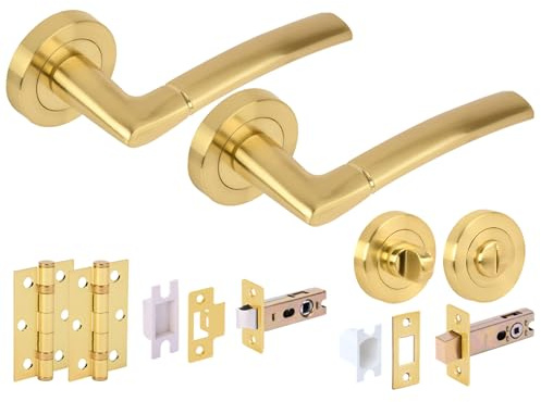 Hunta HANDLEZONE® Neemo Door Handles on Rose Bathroom Deadbolt Pack with Ball Bearing Hinges - Brushed Brass