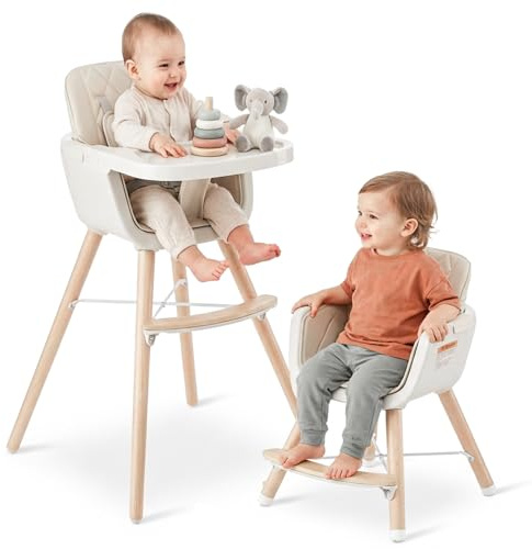 Mallify 3-in-1 Wooden High Chair, Convertible High Chairs for Babies and Toddlers, Baby Highchair with Adjustable Legs & Dishwasher-Safe Tray, Sleek Hardwood & Premium PU Cushion, Beige