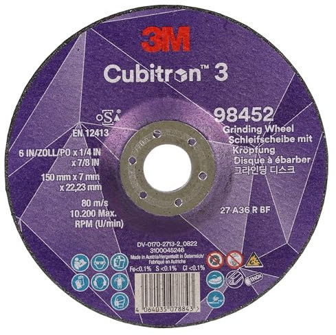 3M Cubitron 3 Disco de Desbaste con Centro Hundido, 98452, 36+, T27, 150 mm x 7 mm x 22.23 mm, EN, Paquete de 10 Unidades