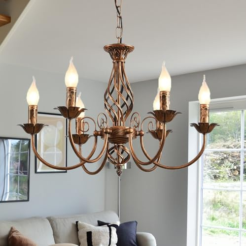 Riohan Kronleuchter Bronze Vintage Kronleuchter Rustikale Landhaus Kerze, 6 Lichter Deckenleuchte Bauernhaus Klassische Hängelampe für Wohnzimmer Schlafzimmer