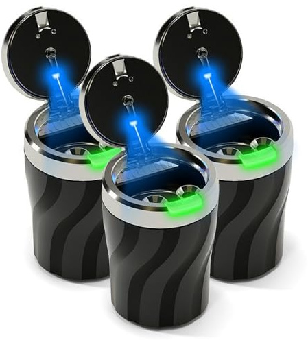 Chingde Cenicero Coche, Cenicero con Tapa Absorbe Humo, Luz LED Totalmente Automática, Sellada, Ignífuga, Resistente a Altas Temperaturas, Desmontable, Gran Capacidad (3 Pieza)