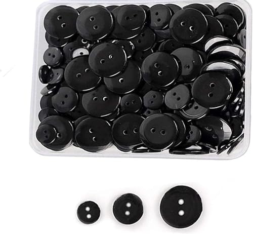 Basicon 200 Stück Harz Knöpfe, Runde Nähknöpfe mit 2 Löchern, 3 Größen: 10 mm, 15 mm, 20 mm, Schwarz