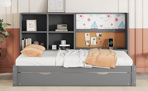 BNUZ 90 x 200 cm Schlafsofa mit ausziehbarem Bett, USB-Ladeanschluss, Zeichenbrett, mehrere Staufächer, Grau (Grau)
