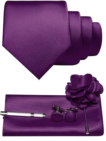 JEMYGINS Herren Krawatte aus Twill mit einfarbigem Design inklusive Pocket Square Manschettenknöpfen Krawattenklemme und Blütenbrosche Geschenkset für Partys Business Hochzeiten