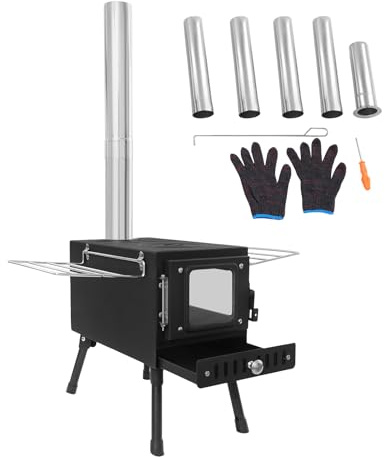 Four de tente portable en acier inoxydable avec tube, 5 tuyaux de cheminée et bac de récupération des cendres, poêle de camping à bois