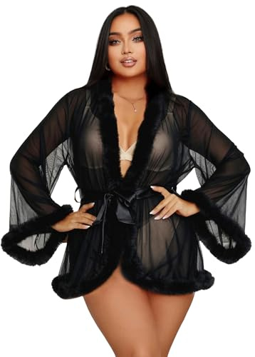 ohyeahlady Plus Size Kimono Dam Kort Fjäder Tullklänning Nattkläder Rolig Långärmad Badrock Badrock Badrock Baddräkt Kofta Bikini Pyjamas Underkläder, Svart, XS/S