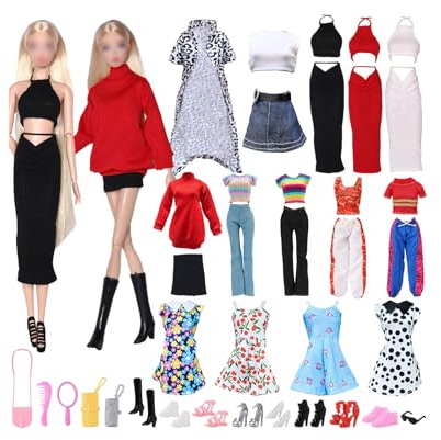 26 Stück Puppen Kleidung und Zubehör, Enthält 2 Leopardenmuster Pullover-Rock-Sets, 2 Kleider, 2 Lange Hosen-Sets, 14 Accessoires Zufälliger Stil für 11.5 Zoll Mädchen Puppen