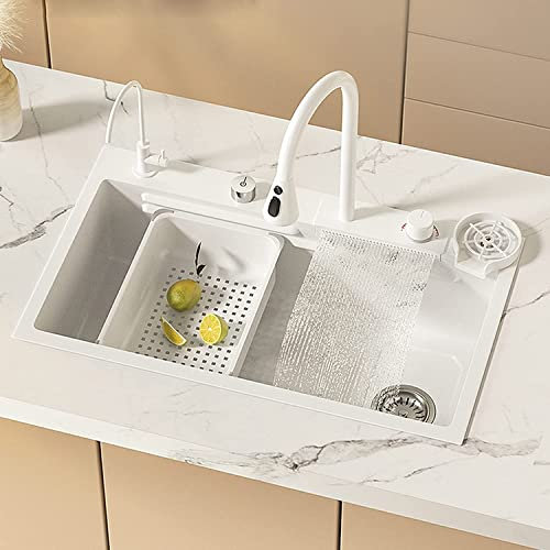 GLJTUO Weiße Küchenspüle Mit Wasserfall-Design, Einzelspüle Aus Edelstahl, Einbauspüle Mit Wasserhahn, Kombi-Arbeitsplatzspüle Mit Zubehör, 68 X 45 cm,White-75x45CM