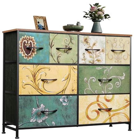 WLIVE Commode en Tissu avec 8 Tiroirs-3 Couches, Meuble de Rangement pour Chambre à Coucher, Salon, Couloir, Cadre en Acier, Plateau Bois avec Poignées, Style Bohème