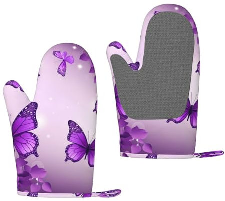 Purple Butterflies Oven Mitts Set of 2 Heat Resistant Silicone Oven Gloves with Soft Lining Non-Slip Kitchen Cooking Mitt Long Waterproof Potholders Kitchen Essentials