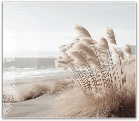 timalo Küchenbild aus Acrylglas modernes Wandbild Glasbild Deko Küche XXL Bild wie Glas | 60x52cm Natur & Strand – Pampasgras, Meer, Sanddünen, Beige Töne, Boho