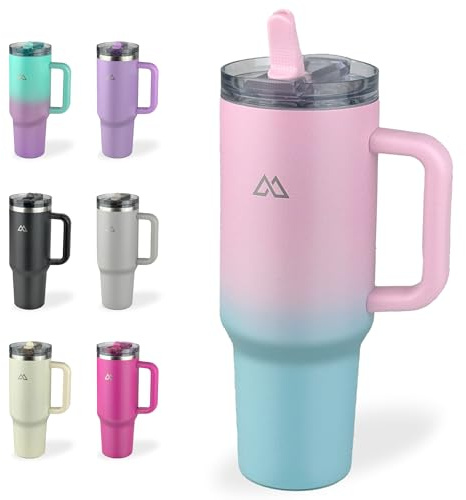 MIXOLOGIC 1.2L Flip Straw Tumbler with Handle Lid – 40oz Stainless Steel Vacuum Insulated Double Walled Cup – Leakproof Thermal Travel Coffee Mug, Flask for Hot & Cold Drinks, Water Bottle (Pink Blue)