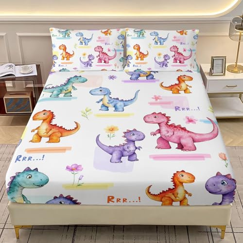 AILONEN Kids Cartoon Dinosaur Fitted Sheet Set for Boys,Girls,Colorful Dinos Bedding Set, Twin XL Size, Lovely Dinosaur Bed Sheet Set,3-Piece 1 Sheet Set + 2 Pillowcases