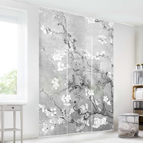 micasia Schiebegardine halbtransparent 60er Paneel Klett Blumen Textil lichtdurchlässig - Motiv Modern Flächenvorhang grau Wohnzimmer Schlafzimmer 2524 (180x250 cm - 3er Set)