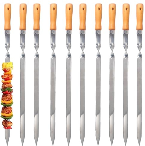 ZMC 10 x kebabspett 55 cm rostfritt stål, 2 cm breda, 2 mm tjocka, köttspett, grillspett med trähandtag, rostfritt, kebabspett för kött, grönsaker, fisk, stabil och återanvändbar för BBQ