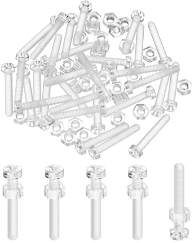 M METERXITY 30-Set Clear Transparent Screws and Hex Nuts Kit, M4x25mm Acrylic Plastic Cross-recessed Round Head Screws for Machine Accessories/DIY Equipment/Model, Hand Tighten Bolts