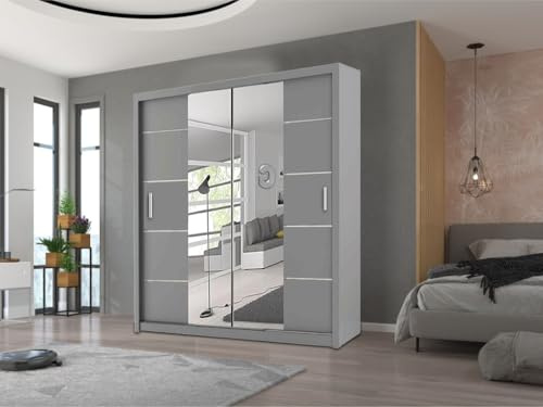 OSLO Modern Mirror sliding door wardrobe with LED Light Width 150cm/180cm/203cm (Grey, 150cm)