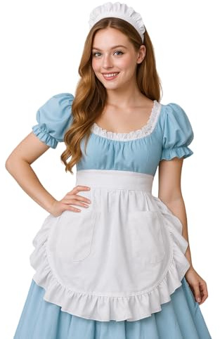 Aspire Waist Apron with Headband, White Half Apron with Ruffle Edge with Pockets, Cotton Maid Costume for Cosplay, Baking - S